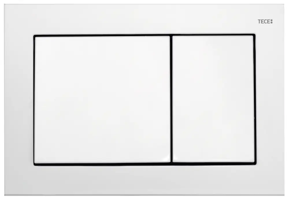 Weiße Betätigungsplatte von TECE mit zwei gleich großen Knöpfen, die für die Zweimengentechnik ausgelegt ist. Minimalistische Gestaltung in rechteckiger Form.